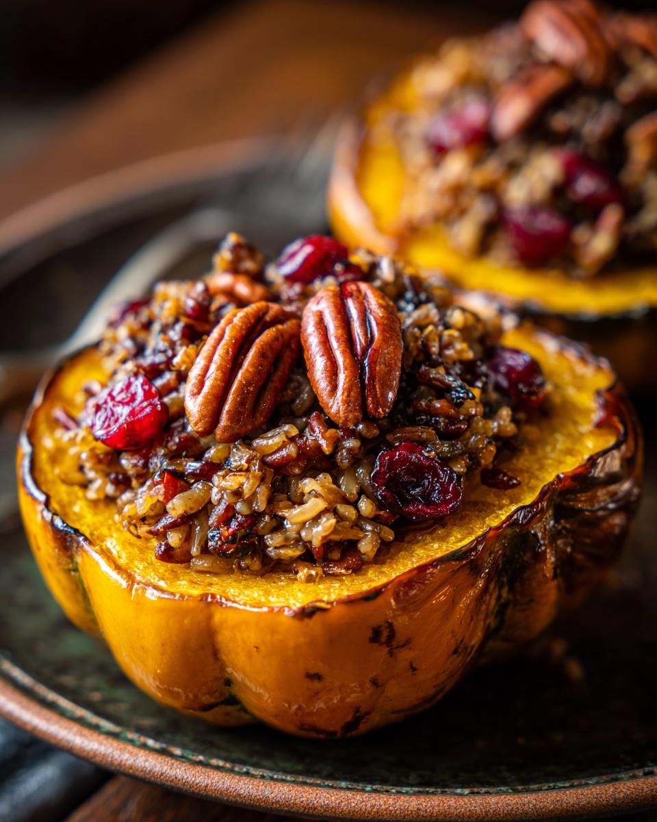 A close-up of Stuffed Acorn Squash With Wild Rice, topped with pecans and dried cranberries.