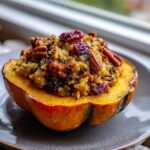 A close-up of Stuffed Acorn Squash With Wild Rice, topped with pecans and dried cranberries, served on a gray plate.