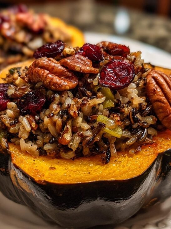 A close-up of Stuffed Acorn Squash With Wild Rice topped with pecans and dried cranberries.
