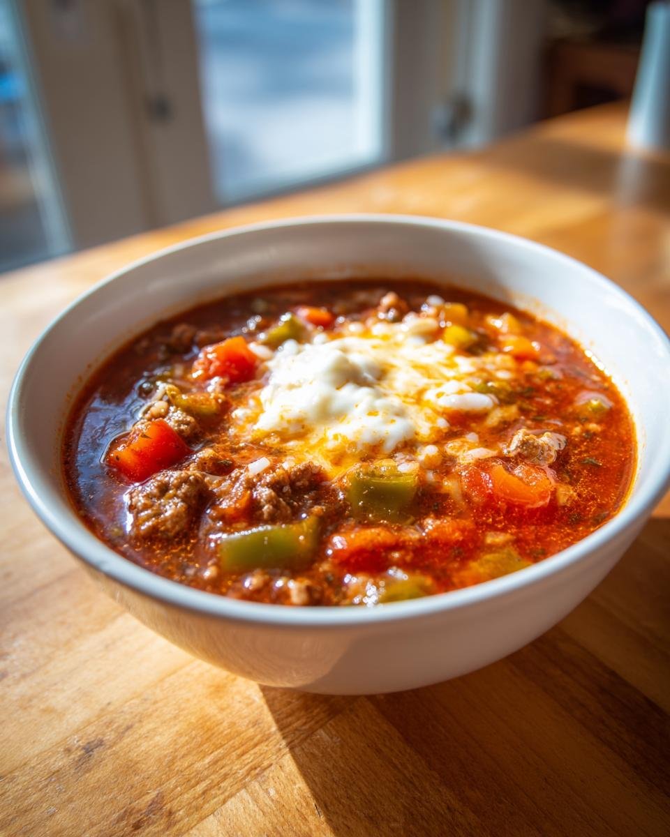 Close-up of a white bowl filled with rich, red Stuffed Pepper Soup, featuring ground meat, peppers, and melted cheese.