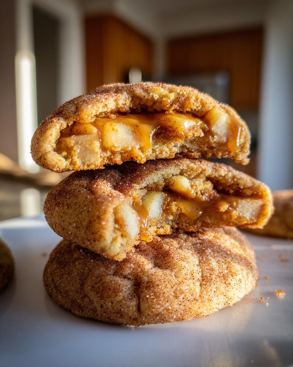 Close-up of Sweet Caramel Apple Snickerdoodle Cookies stacked, showing the gooey caramel and apple filling inside.