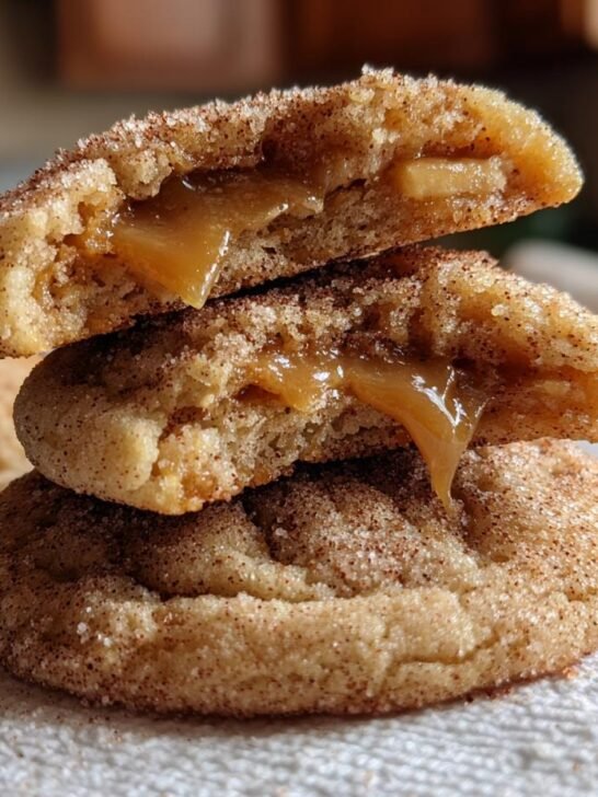 Close-up of Sweet Caramel Apple Snickerdoodle Cookies stacked, showing a gooey caramel and apple filling oozing out.