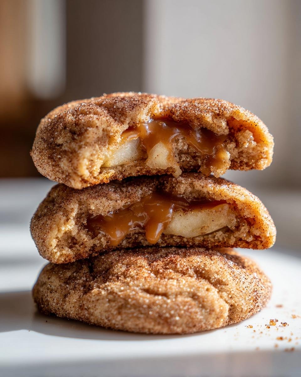 Three stacked Sweet Caramel Apple Snickerdoodle Cookies, with the top two broken open revealing gooey caramel and apple pieces.