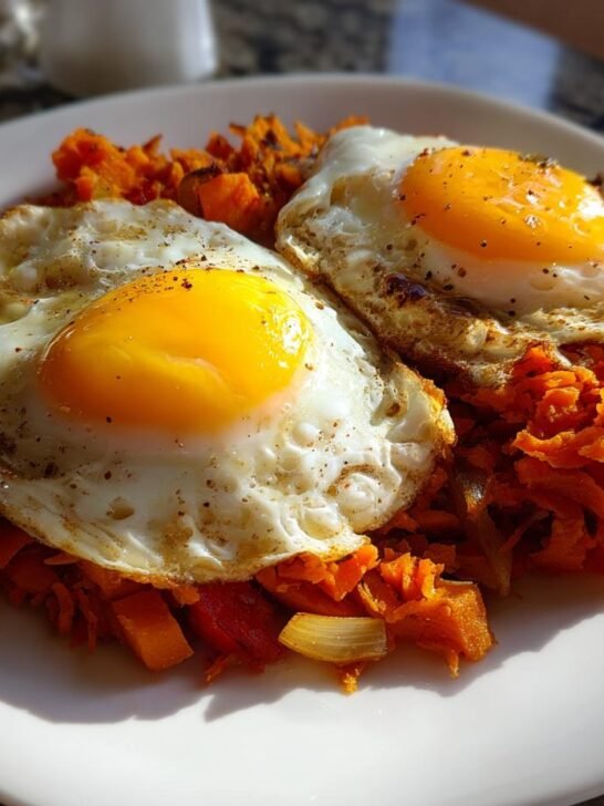 Two perfectly cooked sunny-side-up eggs resting on a bed of shredded Sweet Potato Hash With Eggs and saut&eacute;ed onions.
