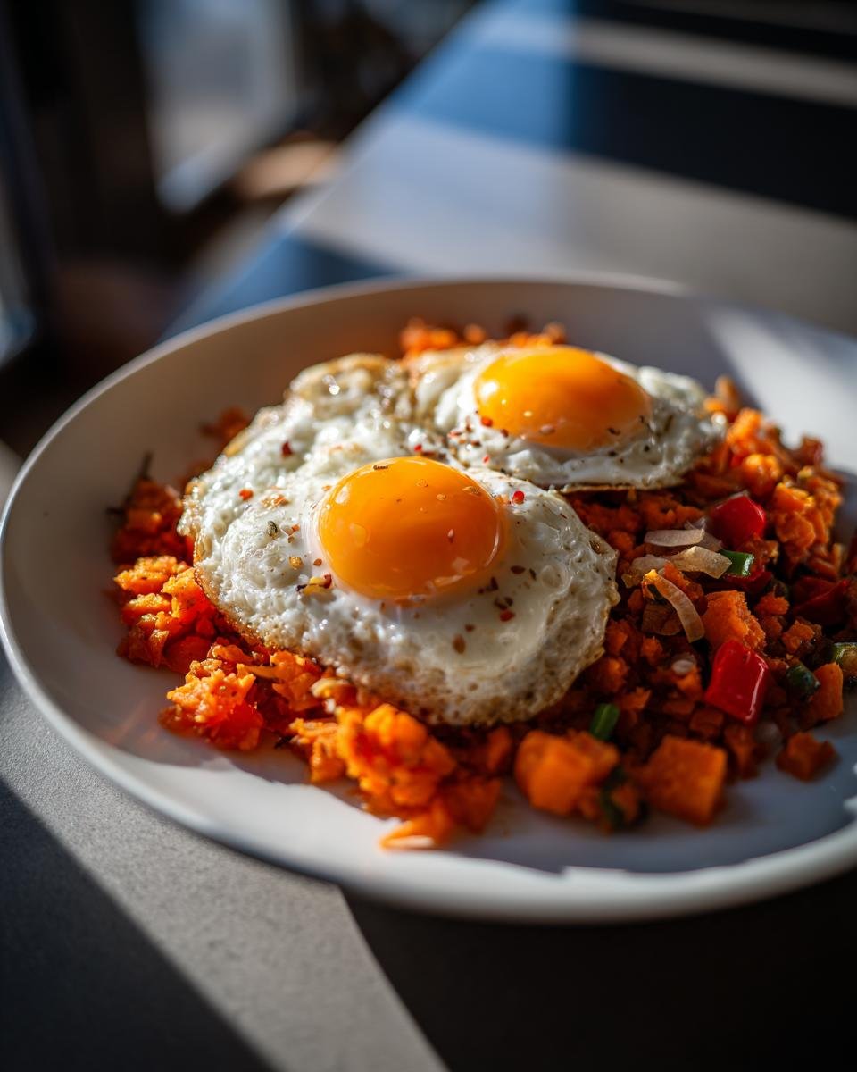 Two sunny-side-up eggs served over a bed of vibrant orange Sweet Potato Hash With Eggs.