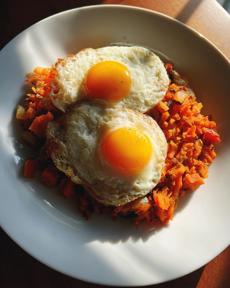 Two sunny-side-up eggs resting on a bed of vibrant orange Sweet Potato Hash With Eggs in a white bowl.