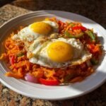 Two sunny-side-up eggs atop a vibrant serving of Sweet Potato Hash With Eggs, mixed with peppers and onions.
