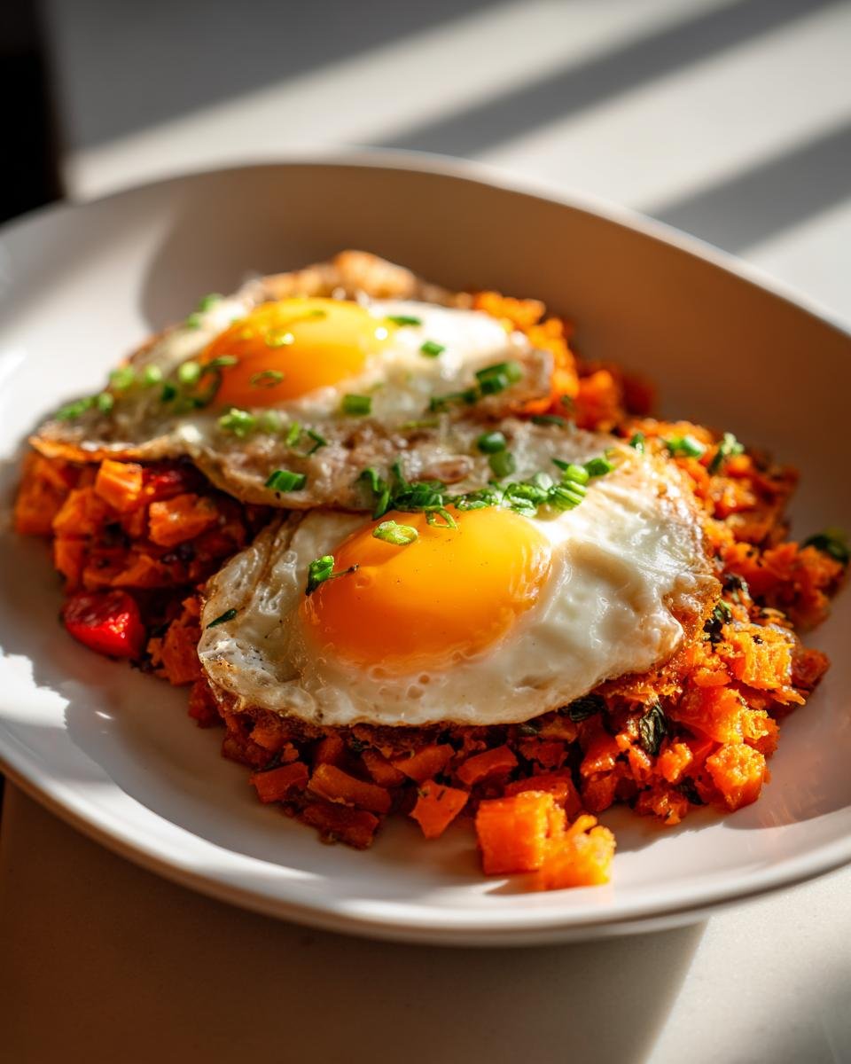 Two sunny-side-up eggs topping a vibrant orange Sweet Potato Hash With Eggs, garnished with chives.