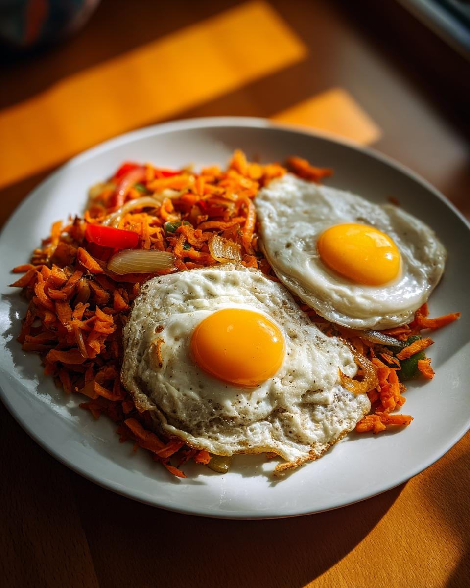 A plate featuring vibrant orange shredded sweet potato hash topped with two perfectly cooked sunny-side-up eggs.