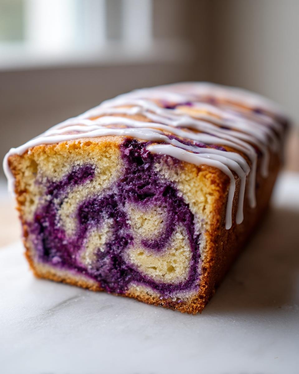 Close-up of a loaf cake showing the vibrant purple swirl pattern inside, characteristic of the Swirled Blackberry Lavender Sheet Cake.