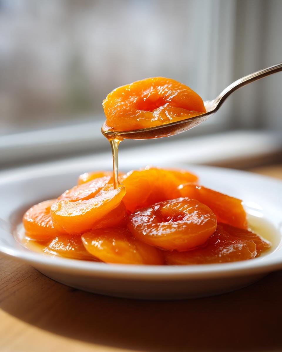 A spoonful of glistening, cooked peach pie filling slices dripping syrup into a white bowl.