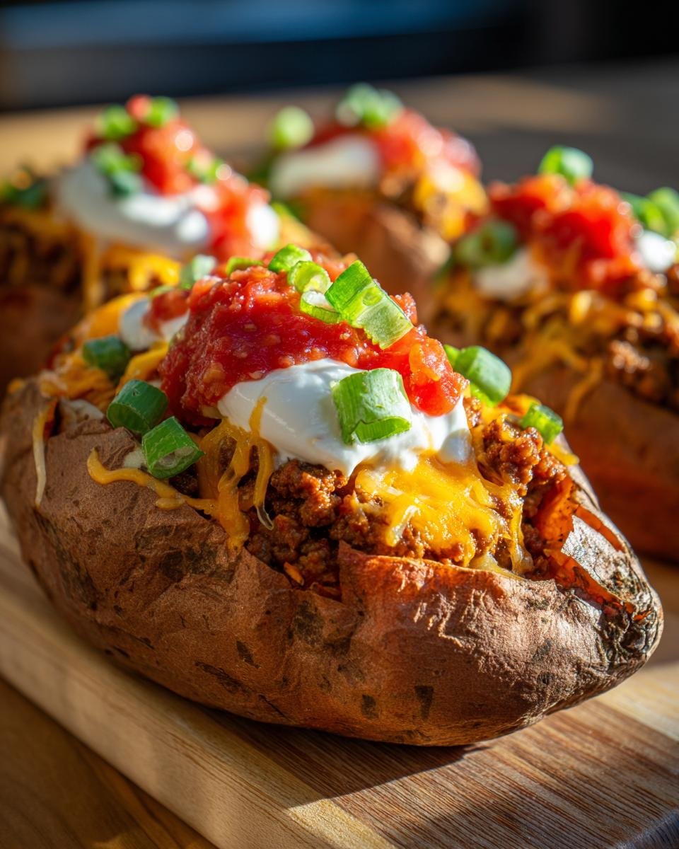 A close-up of a baked sweet potato filled with taco meat, cheese, sour cream, salsa, and green onions, making delicious Taco Stuffed Sweet Potatoes.