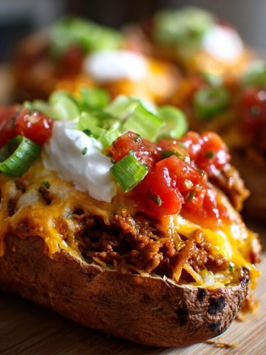 Close-up of a baked sweet potato loaded with taco meat, melted cheese, salsa, sour cream, and green onions, showcasing the Taco Stuffed Sweet Potatoes.