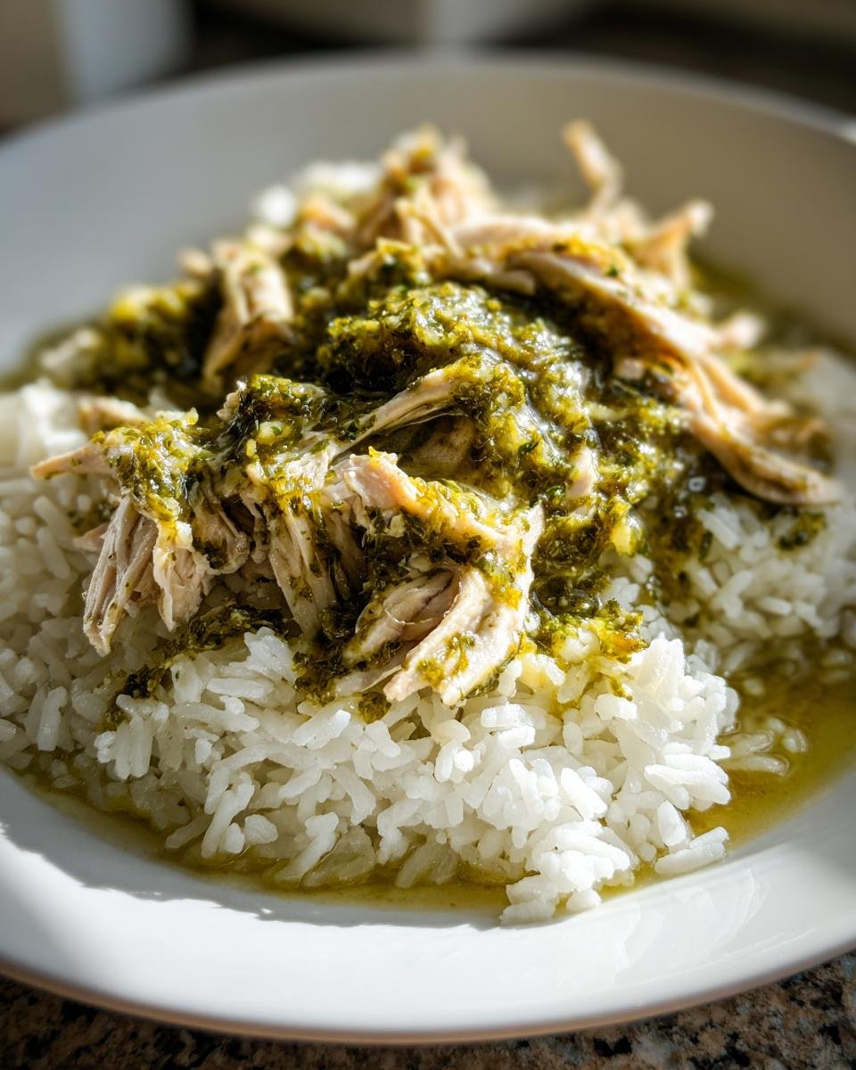 Close-up of Tender Salsa Verde Chicken And Rice served over white rice in a shallow white bowl.