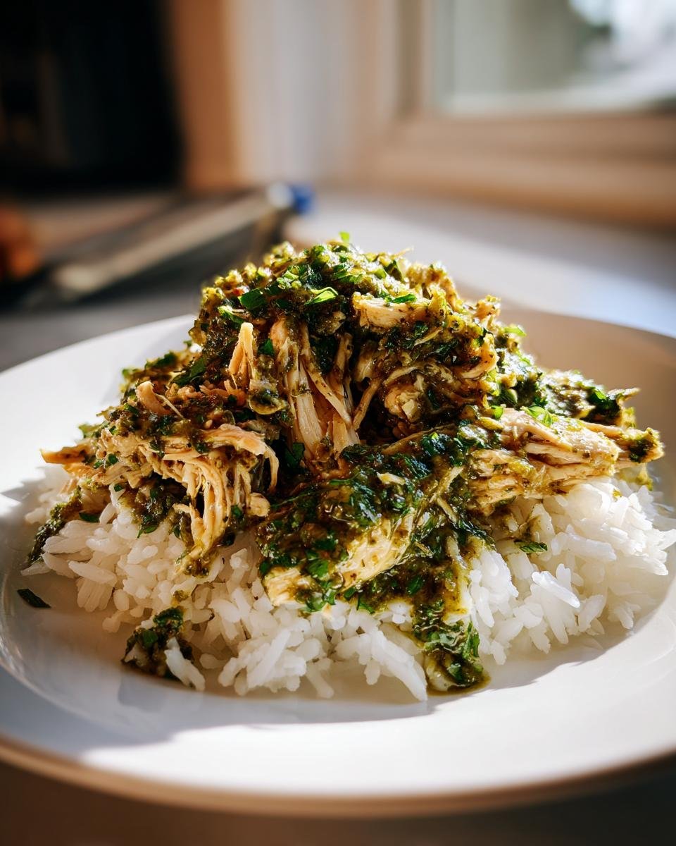 A serving of Tender Salsa Verde Chicken And Rice, featuring shredded chicken in green sauce over white rice on a white plate.