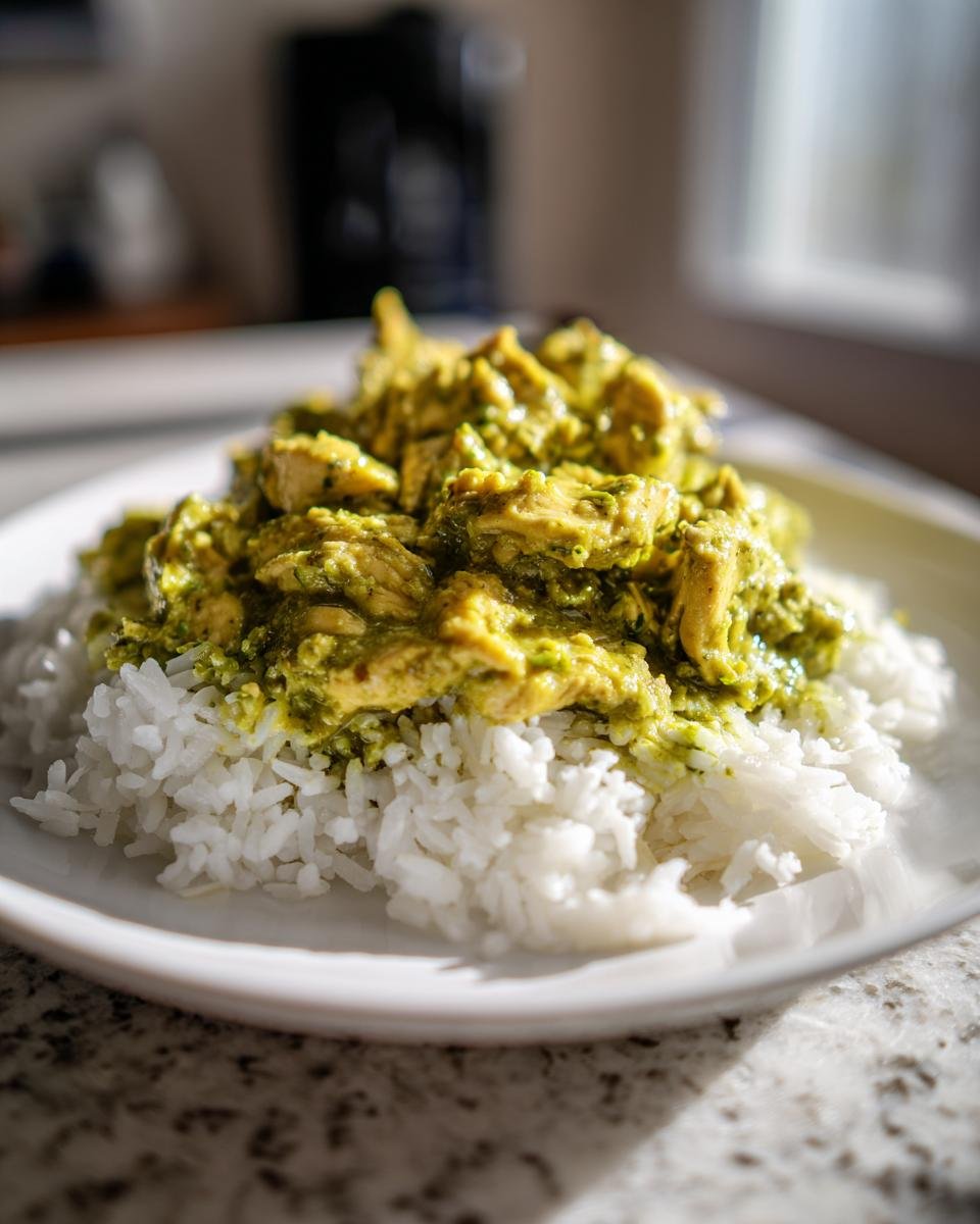 Close-up of Tender Salsa Verde Chicken and Rice served on a white plate with fluffy white rice.
