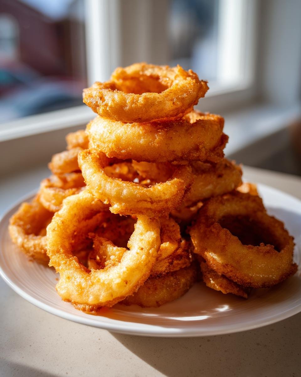 A tall stack of golden brown, crispy fried Tennessee Onions rings piled on a white plate.