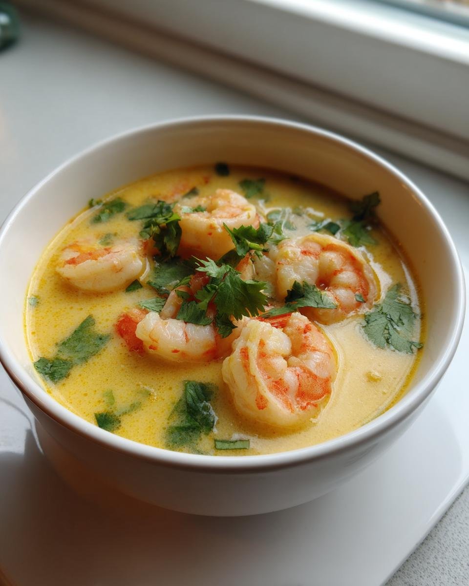 Close-up of a white bowl filled with creamy yellow Thai Coconut Shrimp Soup, topped with plump shrimp and fresh cilantro.