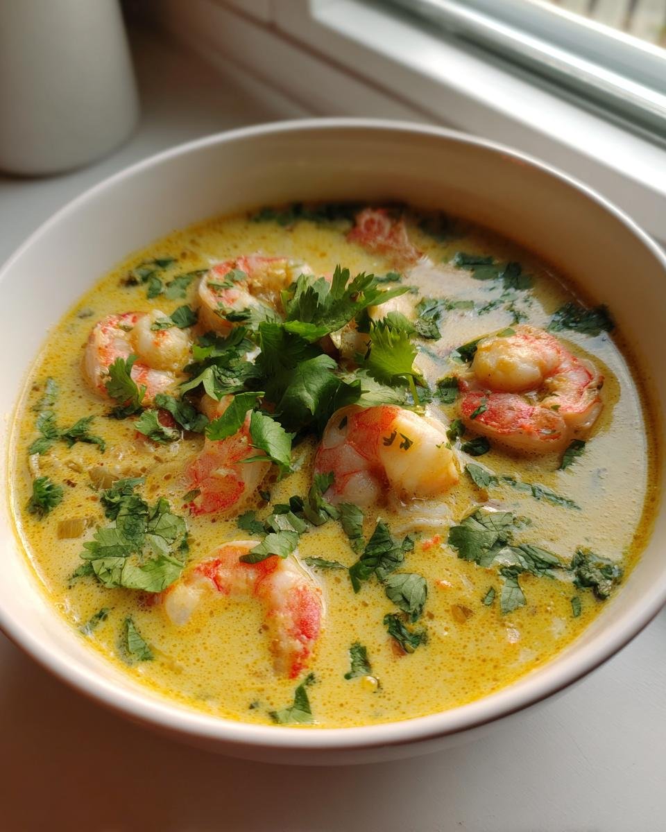 Close-up of a white bowl filled with creamy yellow Thai Coconut Shrimp Soup, topped with pink shrimp and fresh cilantro.