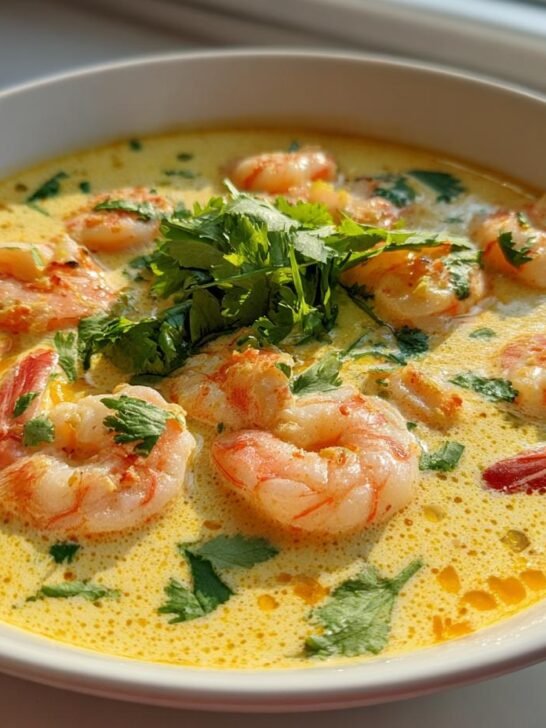 A close-up bowl of rich, creamy Thai Coconut Shrimp Soup topped with plump shrimp and fresh cilantro.