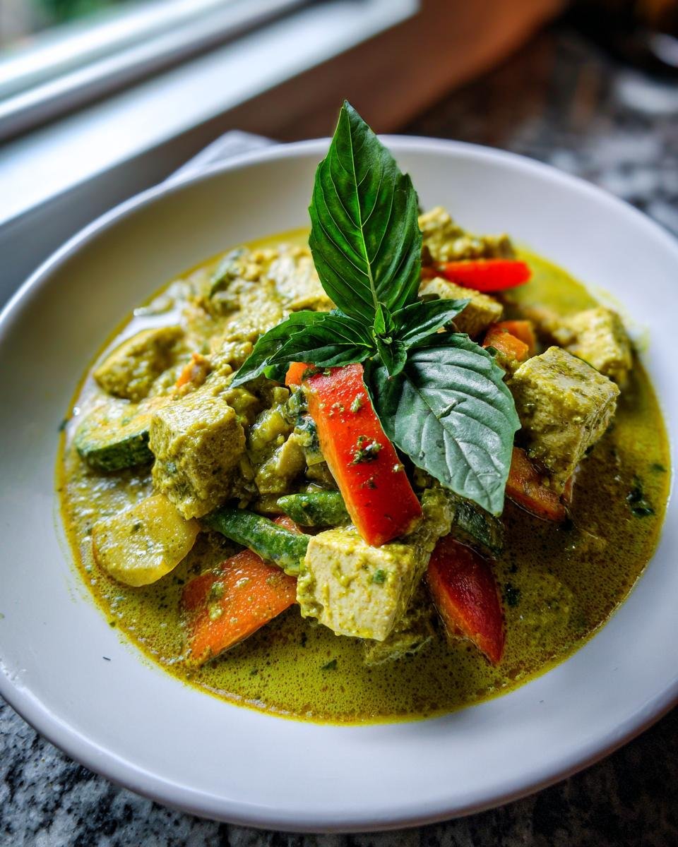 Close-up of a bowl of vibrant Thai Green Curry Vegetarian, featuring tofu, carrots, zucchini, and a fresh basil garnish.