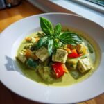 Close-up of a rich Thai Green Curry Vegetarian with tofu cubes and colorful vegetables, garnished with fresh basil.