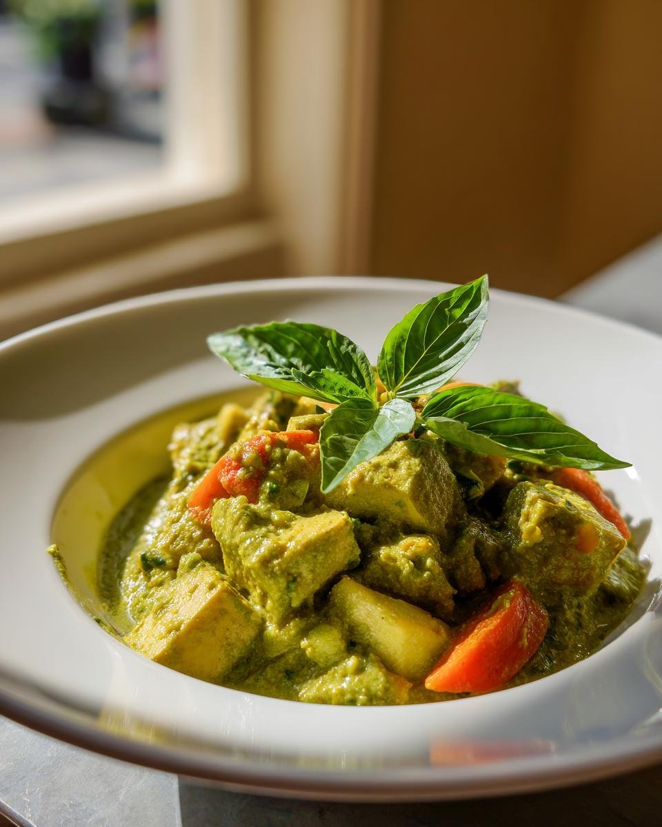 A bowl of vibrant Thai Green Curry Vegetarian featuring tofu cubes and red tomatoes, garnished with fresh basil leaves.