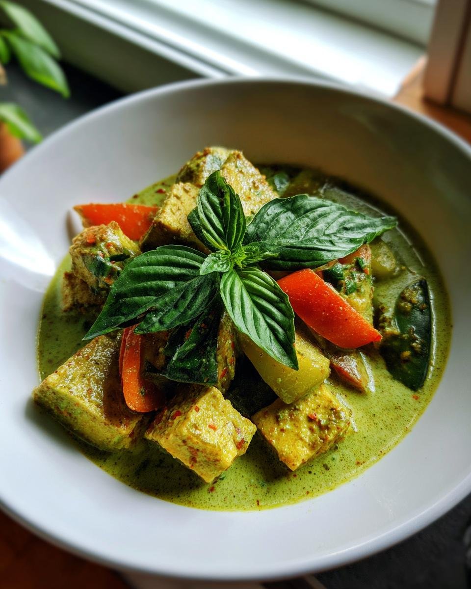 Close-up of vibrant Thai Green Curry Vegetarian featuring tofu cubes, red peppers, and fresh basil garnish.