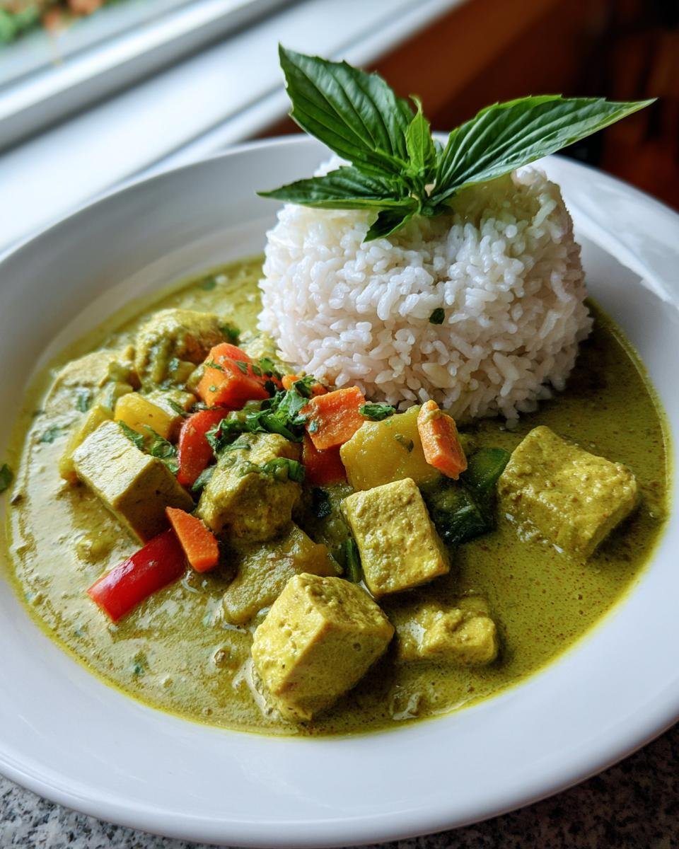 Close-up of a bowl featuring rich Thai Green Curry Vegetarian with tofu, vegetables, and a dome of white rice topped with basil.