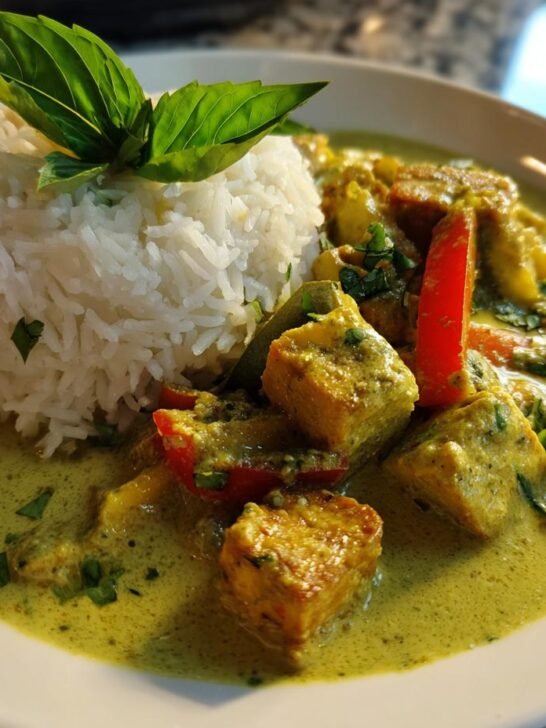 A plate of vibrant Thai Green Curry Vegetarian featuring tofu cubes, red peppers, and a mound of white rice topped with basil.