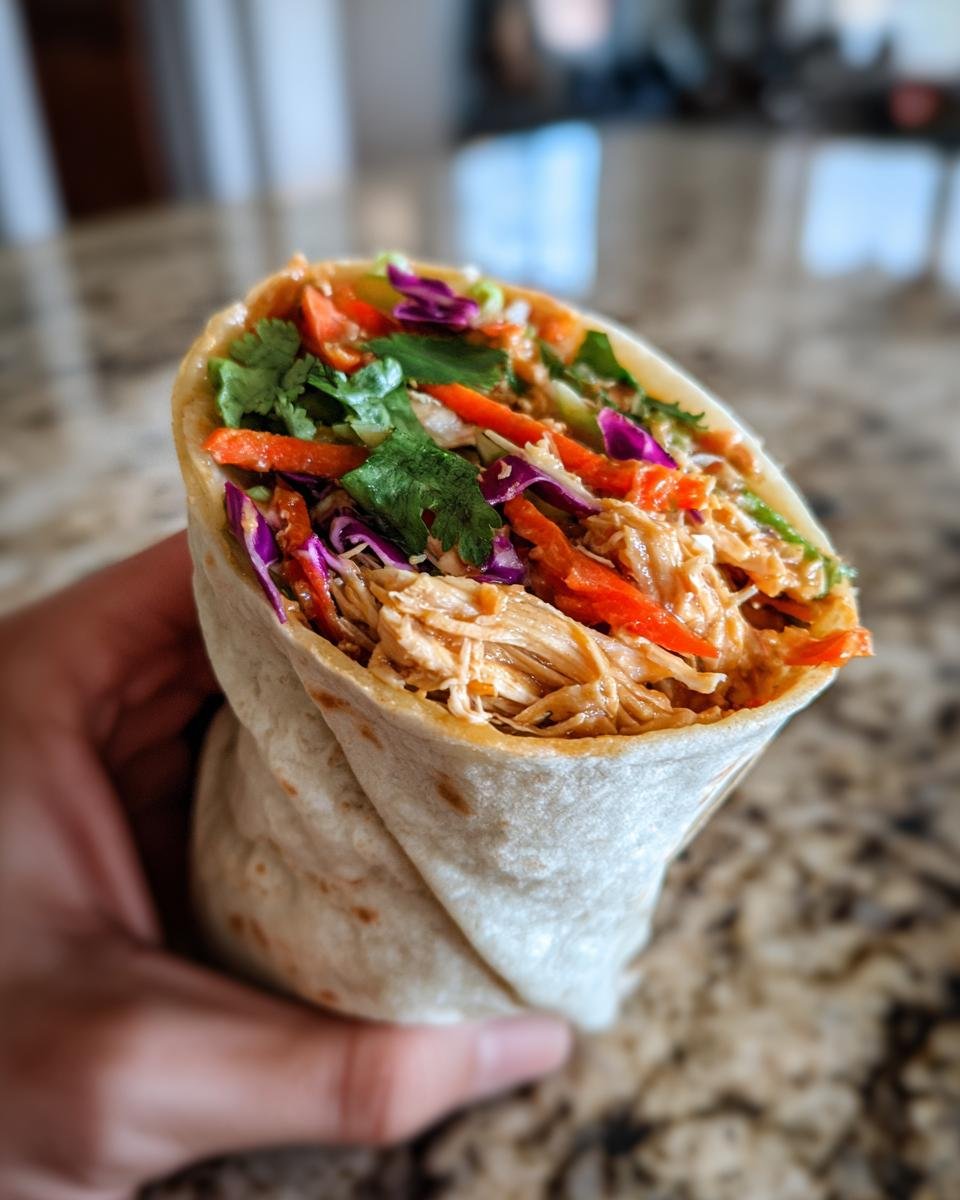 A hand holding a tightly wrapped tortilla filled with shredded chicken in peanut sauce, carrots, red cabbage, and cilantro for Thai Peanut Chicken Wraps.