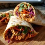 Two halves of Thai Peanut Chicken Wraps showing shredded chicken, carrots, red cabbage, and cilantro.