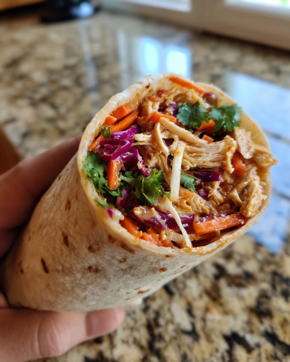 A hand holding a tightly wrapped tortilla filled with shredded chicken, carrots, red cabbage, and cilantro for Thai Peanut Chicken Wraps.