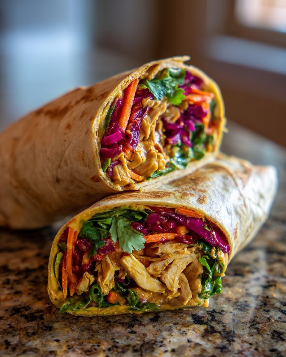 Two halves of a Thai Peanut Chicken Wraps showing shredded chicken, red cabbage, carrots, and peanut sauce inside a tortilla.