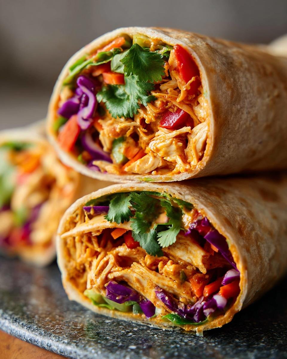Cross-section view of Thai Peanut Chicken Wraps filled with shredded chicken, red cabbage, carrots, and cilantro.
