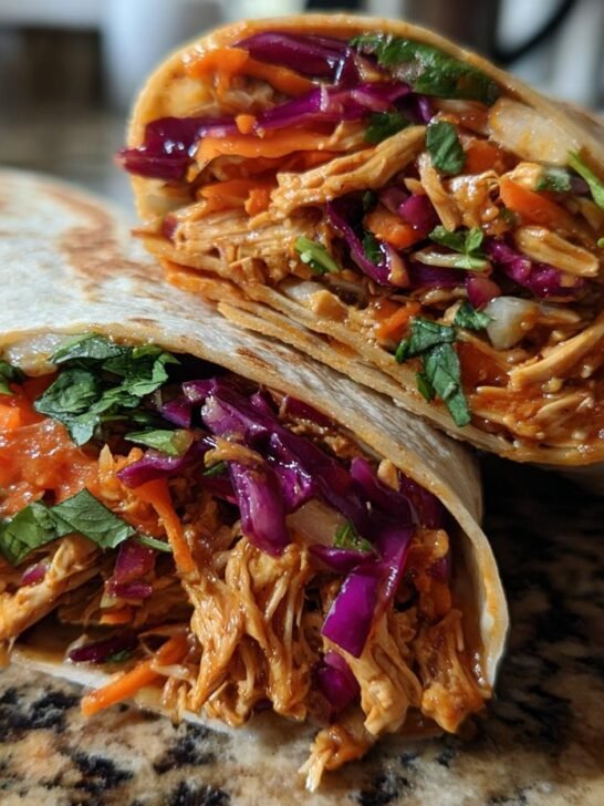 Two halves of a Thai Peanut Chicken Wraps showing shredded chicken coated in peanut sauce, red cabbage, and carrots.