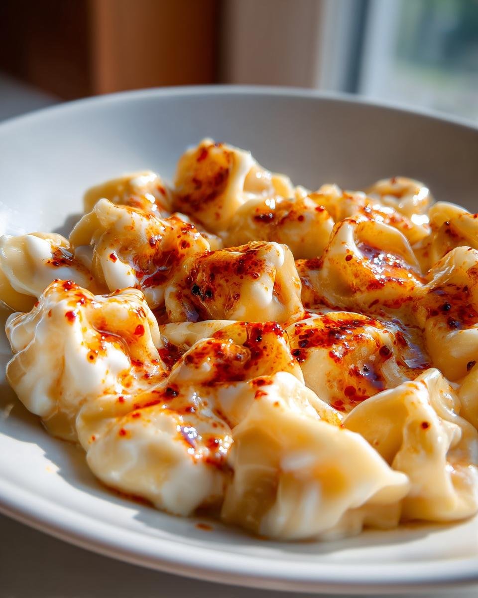Close-up of Turkish Pasta Recipe (Manti) dumplings topped with yogurt and melted spiced butter.