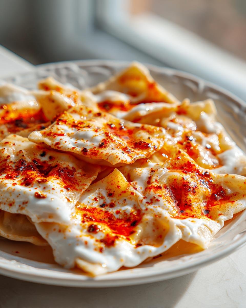Close-up of a serving of Turkish Pasta Recipe topped with white yogurt sauce and bright red spiced butter.