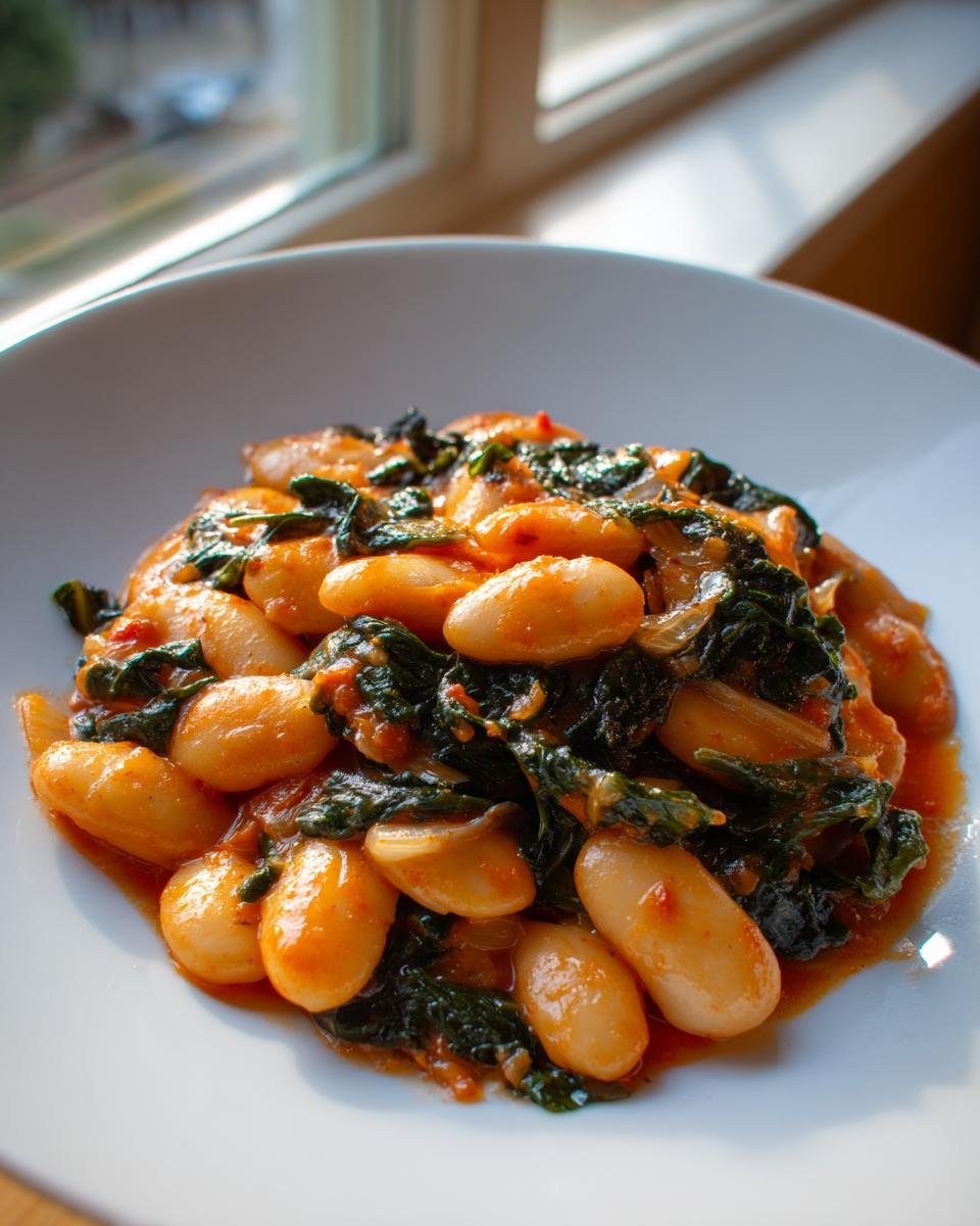 A close-up of creamy Tuscan Marry Me Butter Beans mixed with dark green wilted spinach or kale in a rich tomato sauce.