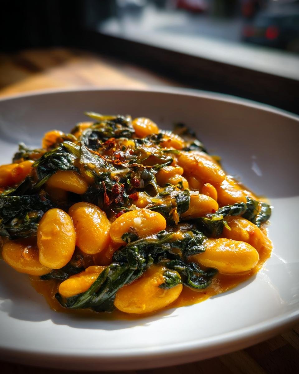A close-up serving of rich, saucy Tuscan Marry Me Butter Beans mixed with wilted spinach, garnished with chili flakes.