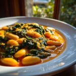 A close-up, appetizing shot of creamy Tuscan Marry Me Butter Beans mixed with wilted spinach in a rich, orange sauce.