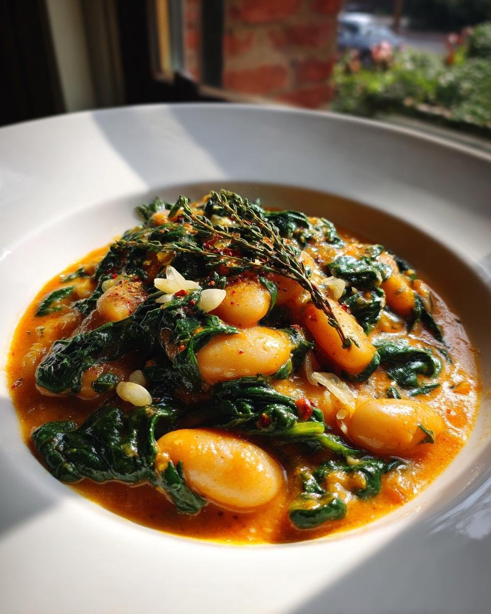 A rich bowl of Tuscan Marry Me Butter Beans mixed with wilted spinach in a creamy orange sauce, garnished with thyme.