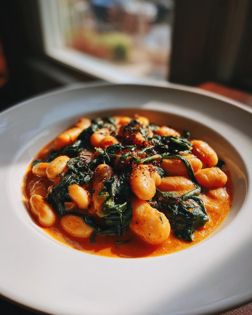 A white bowl filled with creamy Tuscan Marry Me Butter Beans and wilted spinach in a rich orange sauce.