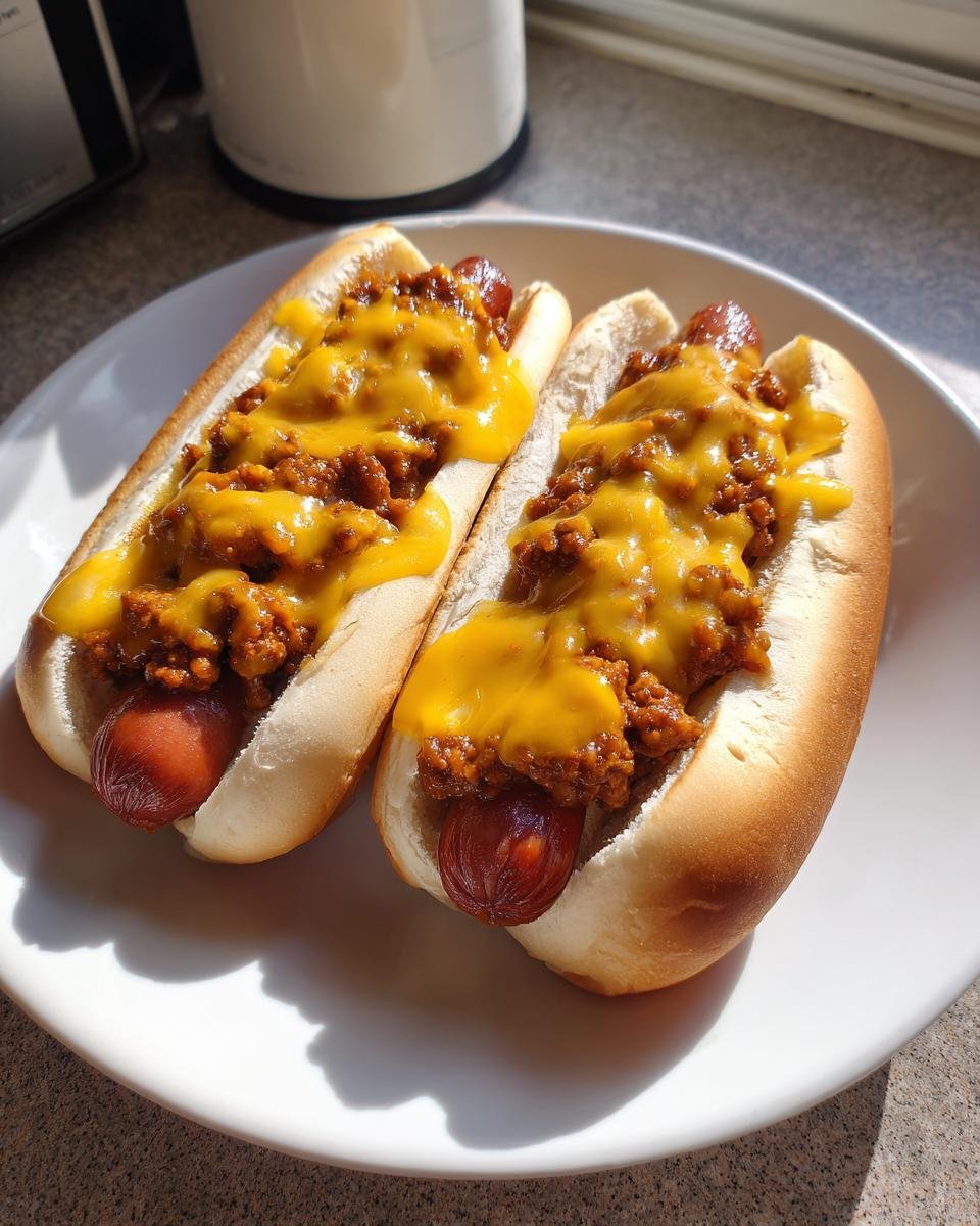 Two fully loaded Chili Cheese Dogs topped with savory chili and melted cheddar cheese on soft buns.