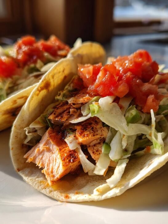 Close-up of two soft tortilla Salmon Tacos filled with seasoned salmon, shredded lettuce, and diced tomatoes.