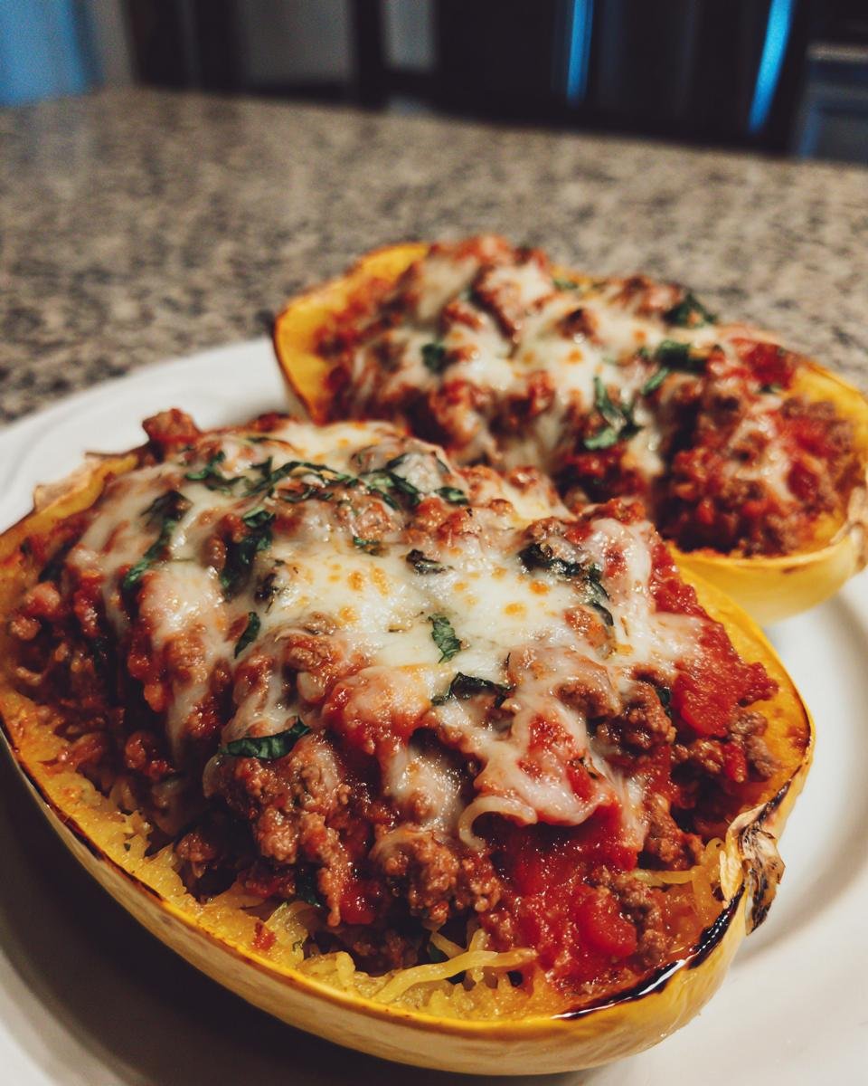 Two halves of Stuffed Spaghetti Squash filled with meat sauce and melted mozzarella cheese.