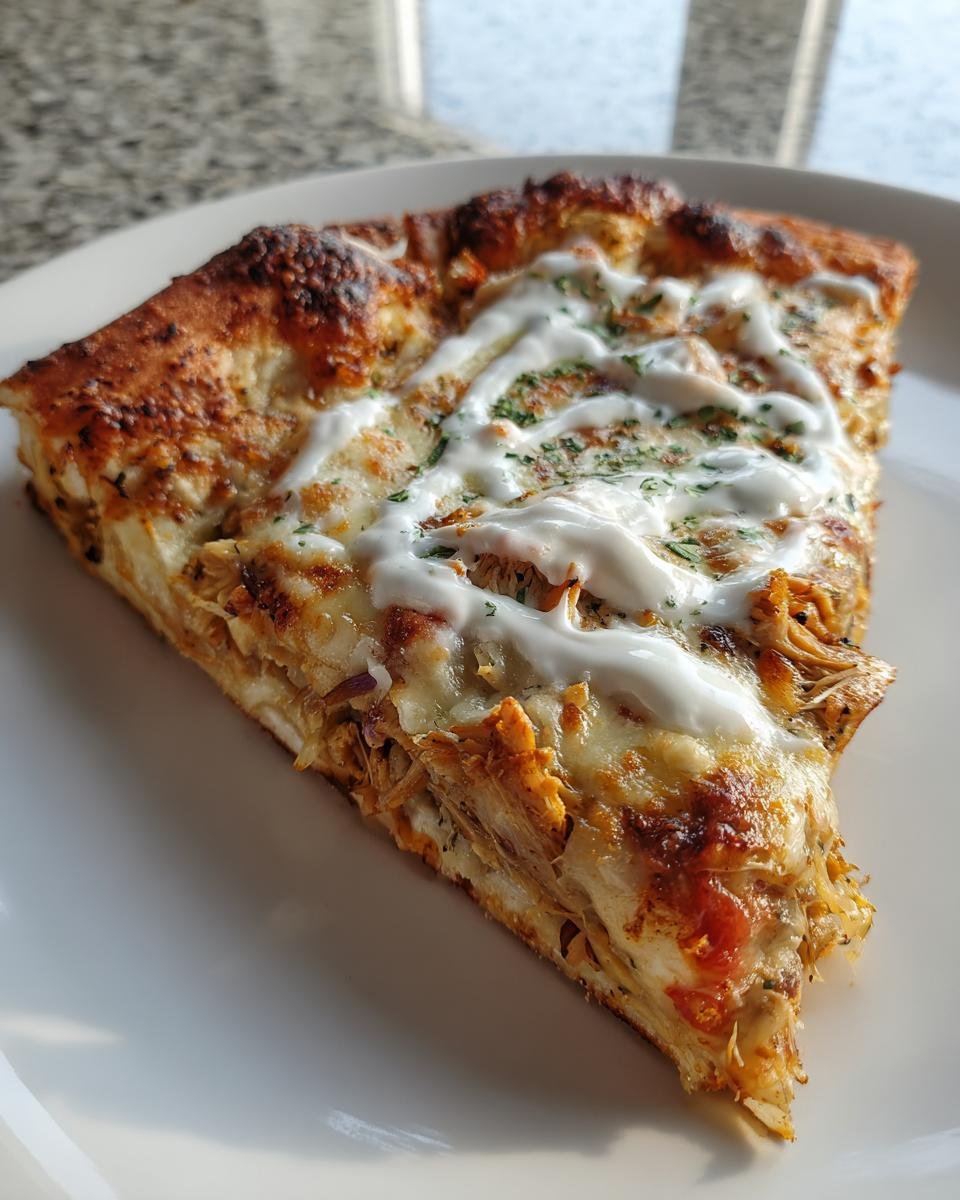 Close-up of a slice of Tzatziki Chicken Pizza topped with melted cheese and a white tzatziki drizzle.