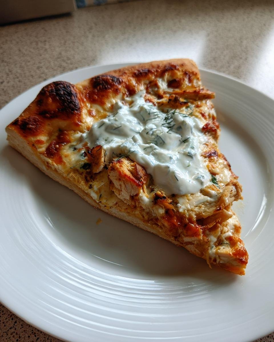 A single slice of Tzatziki Chicken Pizza topped with grilled chicken and a dollop of creamy tzatziki sauce.