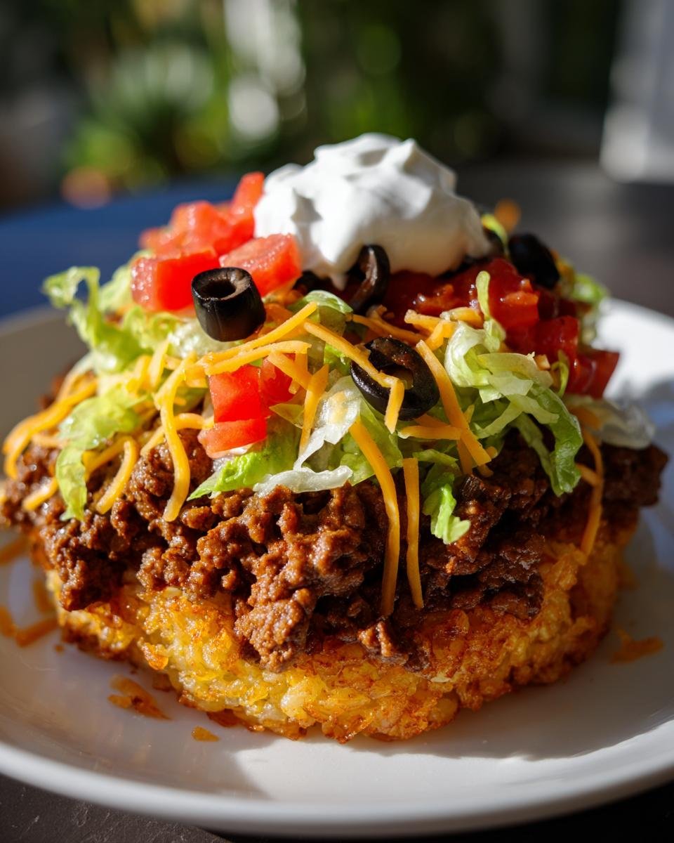 Close-up of the Ultimate Crispy Rice Taco Salad featuring a golden rice base topped with seasoned ground beef, lettuce, cheese, tomatoes, olives, and sour cream.