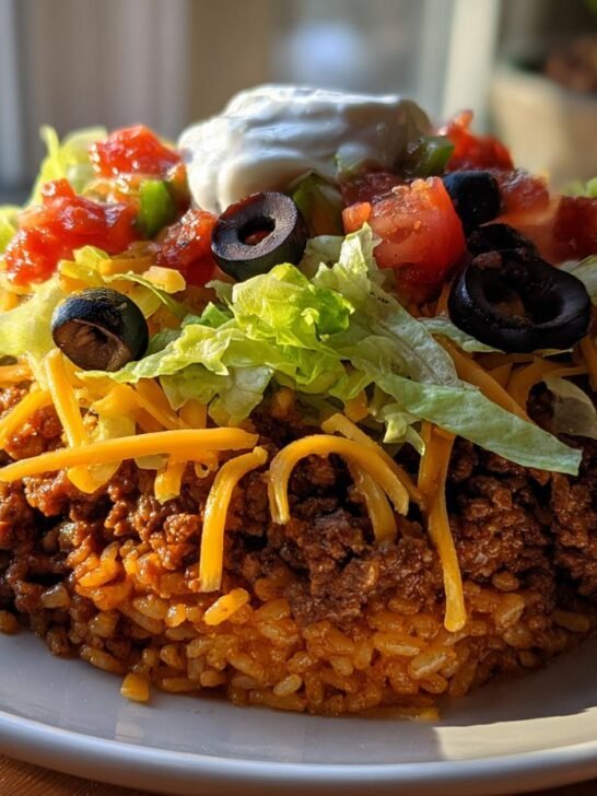 A perfectly molded Ultimate Crispy Rice Taco Salad featuring seasoned rice, ground beef, cheese, lettuce, tomatoes, olives, and sour cream.